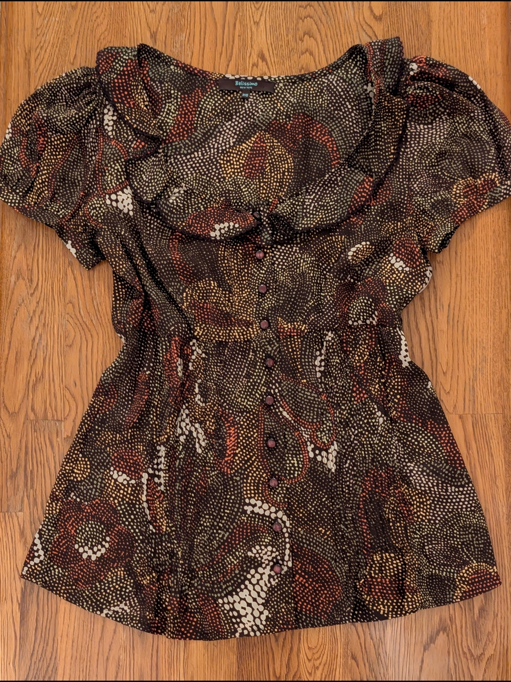 Belissimo Earth Tones Abstract Floral Dot Patterned Ruffled y2k Babydoll Shirt